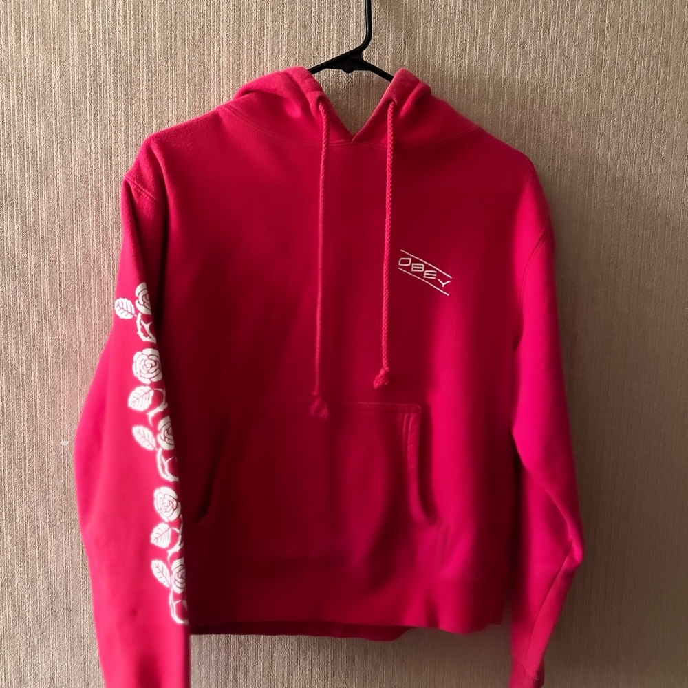 Obey Women's Vibrant Red Hoodie with Floral Sleeve